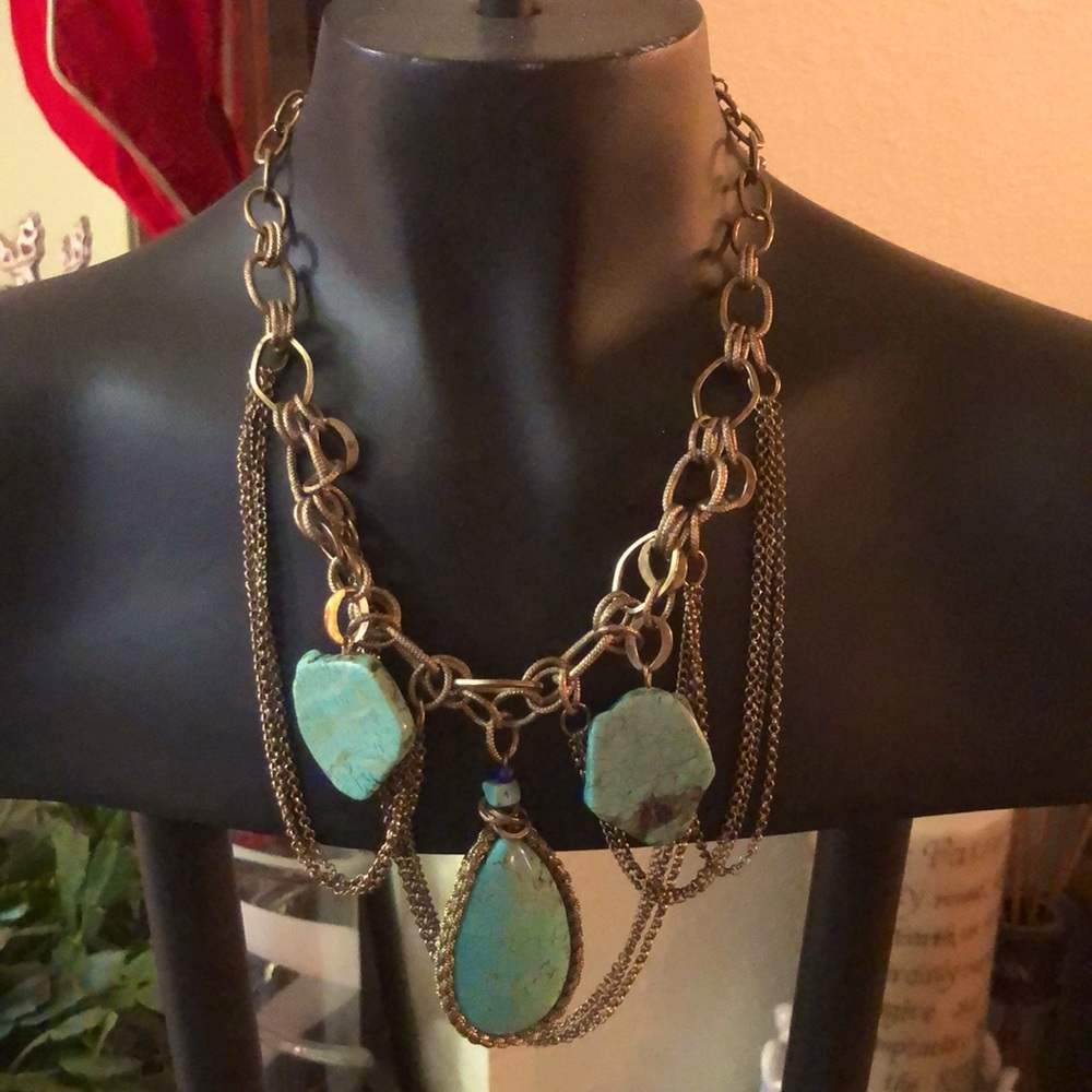 Turquoise on Silver and Copper colored chain. 15” w/3” extender.